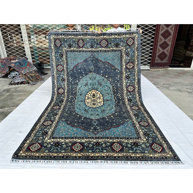 Persian Charcoal Blue Persian Tabriz Medallion Hand-Knotted Wool Rug - 6'6" X 9'9 For Sale - Image 3 of 13