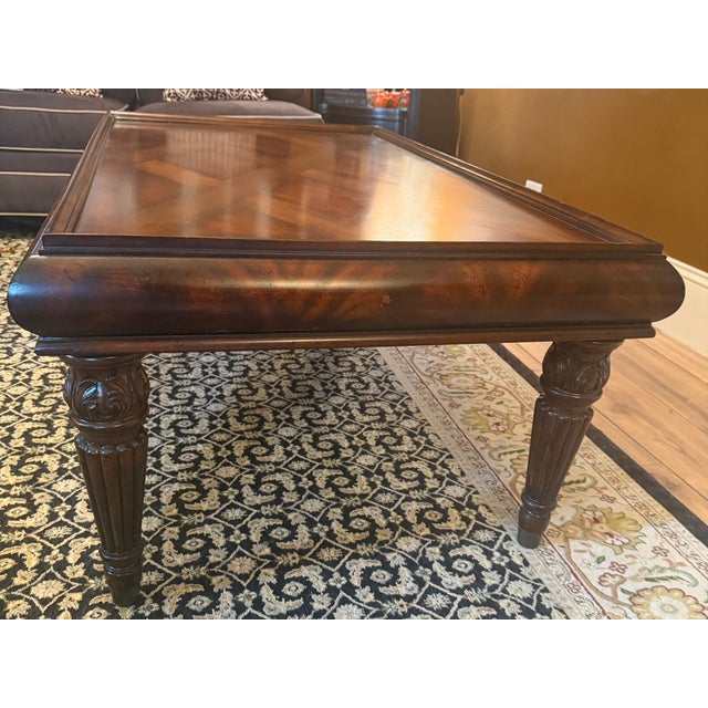 Vintage Regency Style Mahogany Parquetry Coffee Table With Flame Mahogany Apron For Sale - Image 4 of 15
