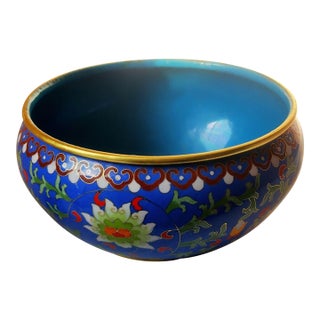 Vintage Cloisonné Enamel Brush Washer – Scrolling Lotus & Vine Motif, Cobalt Blue Ground For Sale