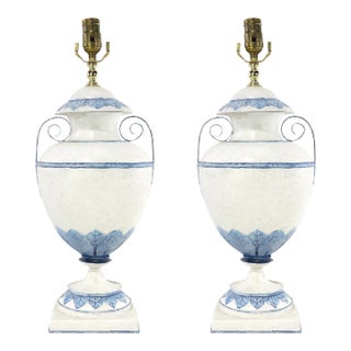 A Pair of Vintage Blue and White Metal Trophy Table Lamps. For Sale