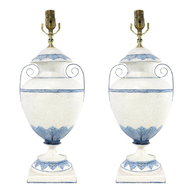 A Pair of Vintage Blue and White Metal Trophy Table Lamps. For Sale