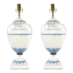 A Pair of Vintage Blue and White Metal Trophy Table Lamps.