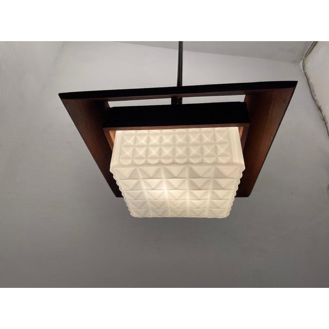 Mid-Century Modern Wood, Bronze and Opaline Glass Pendant Light, 1950s For Sale - Image 3 of 9