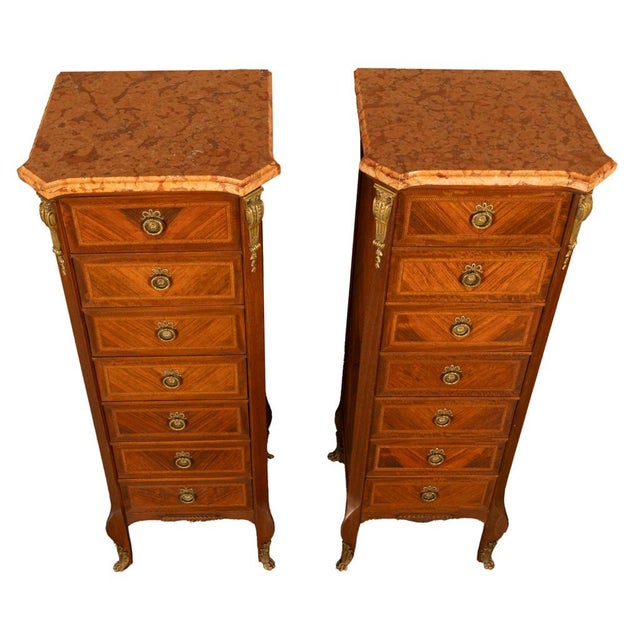 Pair Antique French Semainier Ormolu Inlaid Lingerie Marble Chests Dressers 1900 For Sale - Image 15 of 18