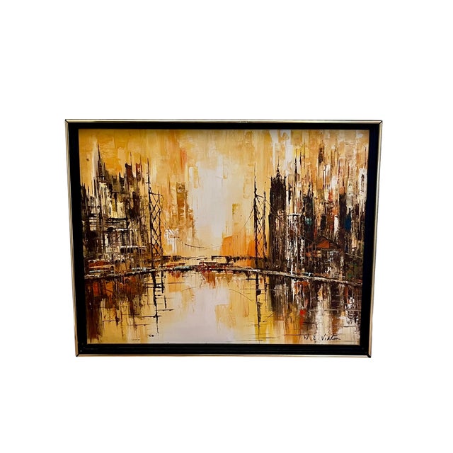 Vintage Mid Century Modern Abstract Cityscape Oil on Canvas For Sale - Image 9 of 15