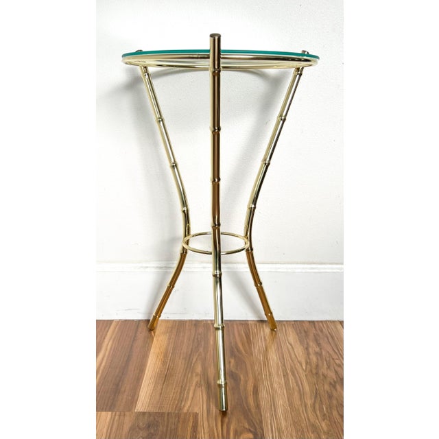 Brass Vintage 23" Faux Bamboo Brass-Tone Metal & Glass Plant Stand – Hollywood Regency / Chinoiserie For Sale - Image 8 of 12