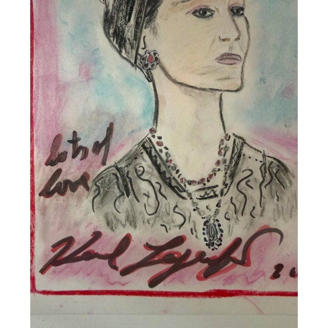 Contemporary Original Signed Karl Lagerfeld Drawing Portrait of Sheikha Moza, 2010 For Sale - Image 3 of 10