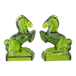 Art Deco Green Glass Towering Horse Bookends - a Pair For Sale