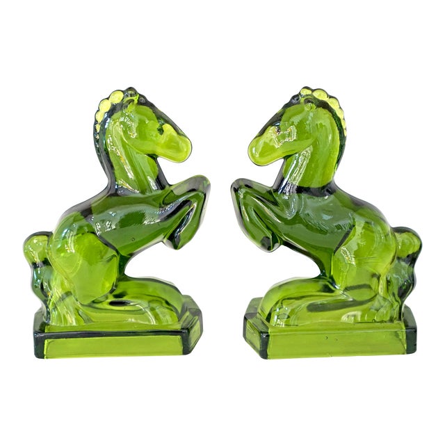 Art Deco Green Glass Towering Horse Bookends - a Pair For Sale