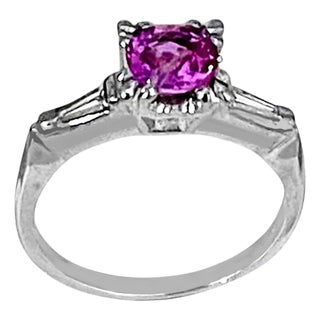 1 Ct Round Pink Sapphire 2 Baguettes Diamond in Platinum Ring, Estate For Sale