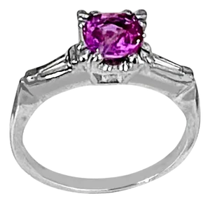 1 Ct Round Pink Sapphire 2 Baguettes Diamond in Platinum Ring, Estate