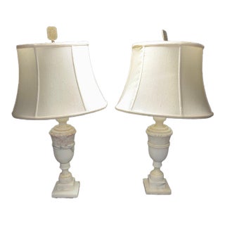 Pair of Mid Century Neoclassical , Hand Carved Italian Alabaster Urn Style Table Lamps For Sale