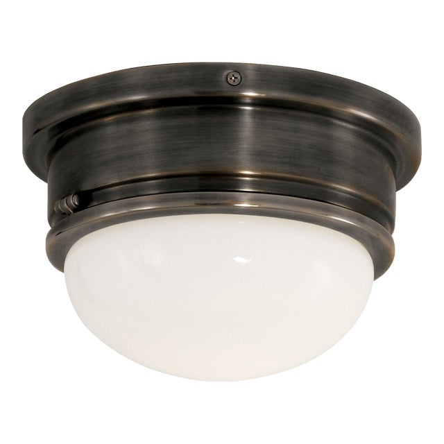 Chapman & Myers for Visual Comfort Signature Marine Medium Flush Mount in Bronze with White Glass For Sale