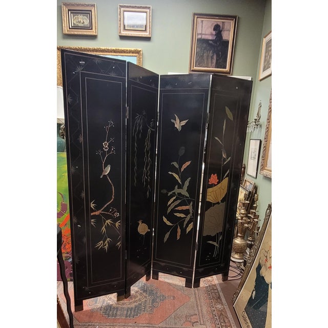Contemporary Vintage Chinese Sculpted Four Part Folding Screen For Sale - Image 3 of 18