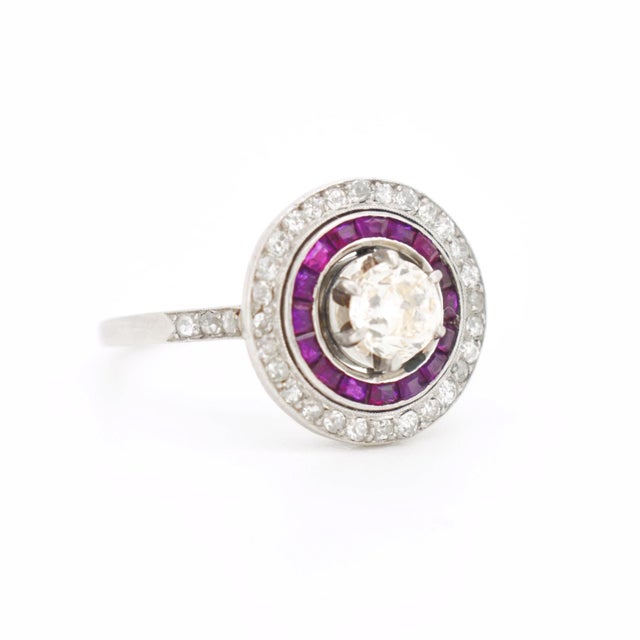 Circa 1930 Antique French Art Deco Engagement Ring, Platinum, Diamonds, and Ruby Halo For Sale - Image 9 of 9