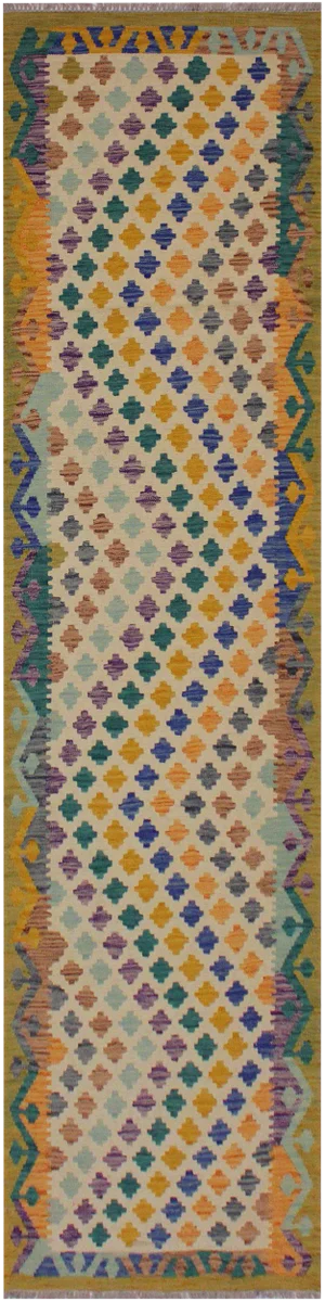 1990s Abstract Hand-Woven Kilim Wool Runner - 2′11″ × 9′7″