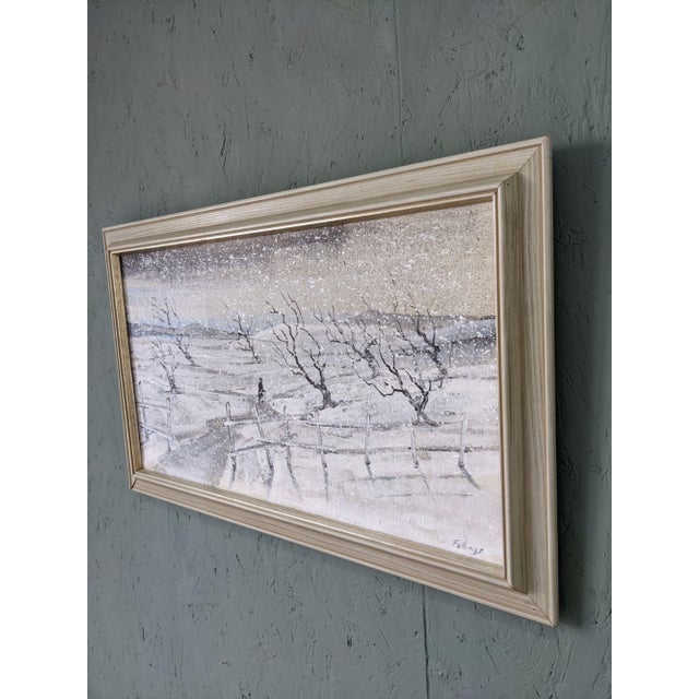 White Mid-Century Modern Swedish "Snowfall" Vintage Winter Landscape Oil Painting, Framed For Sale - Image 8 of 10