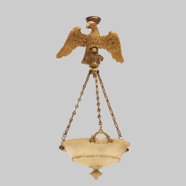19th Century Regency or William IV Carved Alabaster Chandelier. Carved and reticulated neoclassical alabaster bowl hung by...