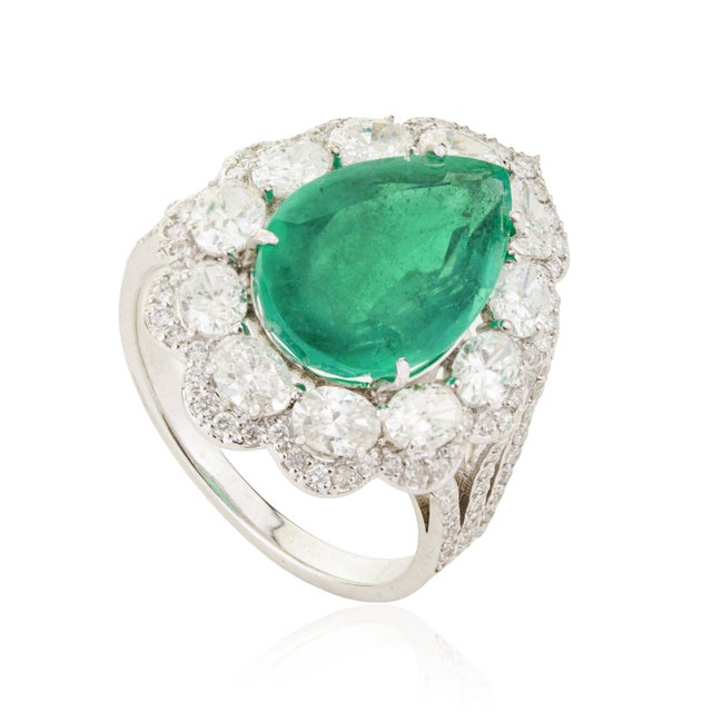 Not Yet Made - Made To Order Chic 5.03ct Emerald and 1.99ct Diamond Pear Cocktail Ring in 18k White Gold Size 7 For Sale - Image 5 of 18