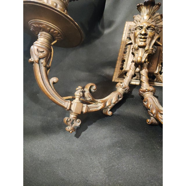 Late 19th Century French Renaissance Revival Bronze Mascaron Three-Light Wall Sconces - a Pair For Sale - Image 4 of 9