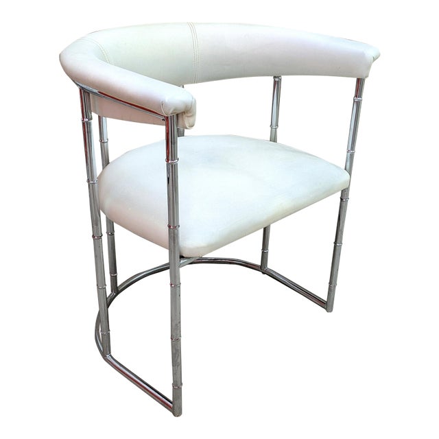 1970's Chrome & White Naugahyde Faux Bamboo Barrel Lounge Chair For Sale