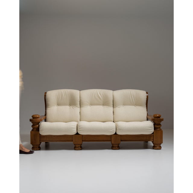 1970s 1970s French Chestnut Brown Brutalist Oak Upholstered Sofa For Sale - Image 5 of 15
