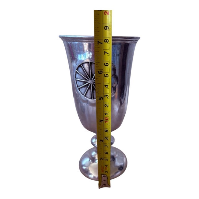 Chrome Vintage American Is Century Modern Pewter-Tone Sunburst Medallion Water Goblets – Set of 6 For Sale - Image 8 of 9