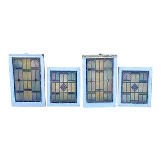 Antique Art Deco Leaded Stained Glass Pink Green Blue Yellow Windows - A Pair For Sale
