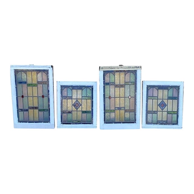 Antique Art Deco Leaded Stained Glass Pink Green Blue Yellow Windows - A Pair For Sale