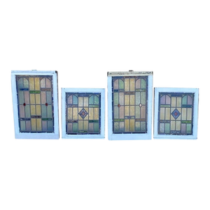 Antique Art Deco Leaded Stained Glass Pink Green Blue Yellow Windows - A Pair
