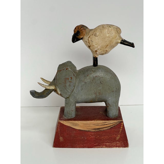 Original Signed Tom Kelly Folk Art Elephant Ram Wood Sculpture For Sale - Image 11 of 12