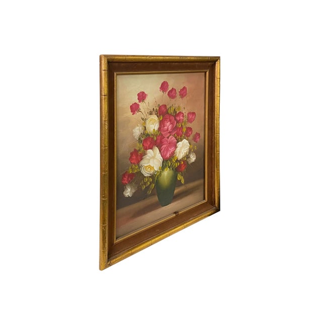 Oil Paint Canvas Art Pink White Blossom Roses Gold Color Frame Painting For Sale In San Francisco - Image 6 of 7