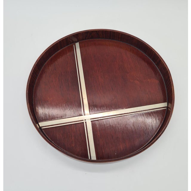 Art Deco Round Dark Veneer Tray with Metal Decoration, 1930s For Sale - Image 3 of 9