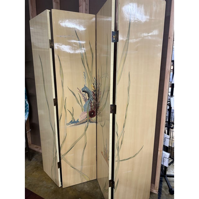 Light Yellow 1980s Regency Hand-Painted Four Panel Folding Screens With Shell Motifs - A Pair For Sale - Image 8 of 11