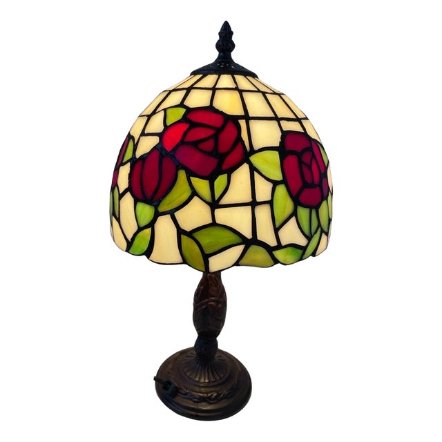 Tiffany Style Table Lamp with Stained Glass Shade and Decorative Base, 1980s For Sale