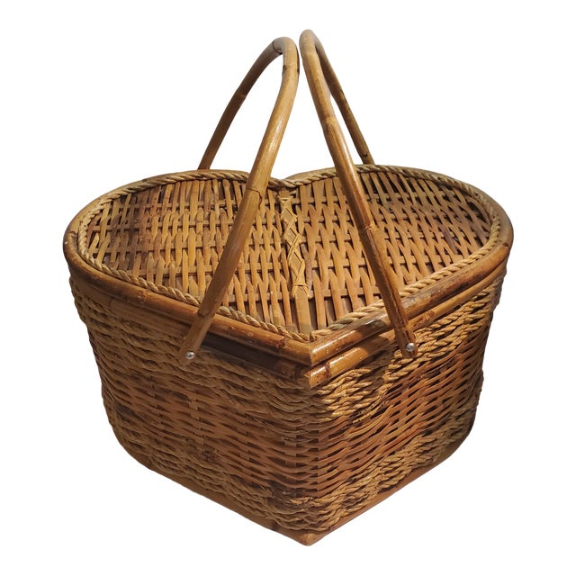 Vintage Bamboo & Raffia Heart Shaped Picnic Basket Chairish