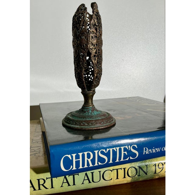 Metal Vintage Art Nouveau Openwork Bronze-Finished Metal Pillar Candleholder W Organic Floral Relief For Sale - Image 7 of 11