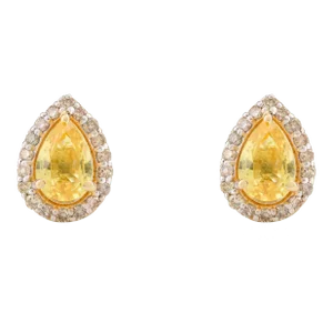 Yellow Sapphire 6 X 5 MM Gemstone & Halo Diamond Stud Earrings - 2 Pieces