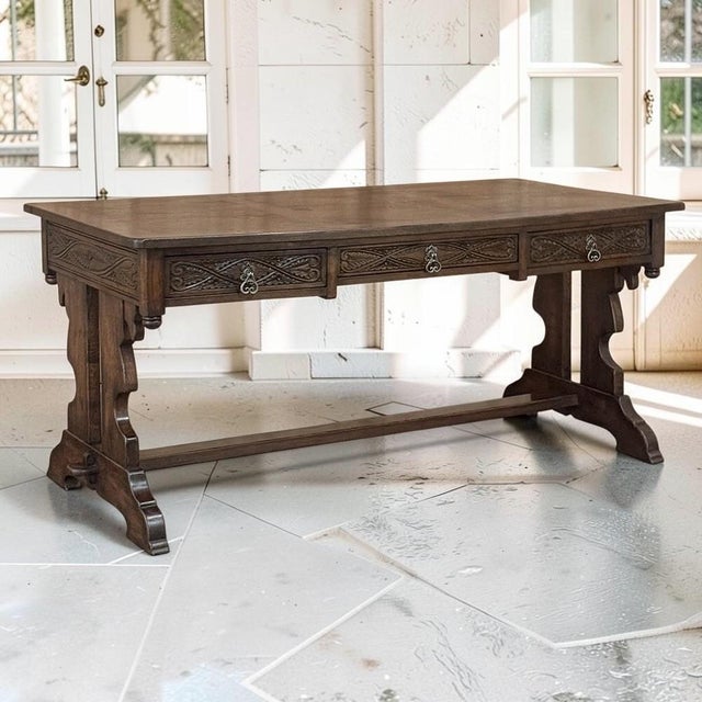 Gothic Antique Neo Gothic Carved Oak Trestle Three Drawer Writing Desk For Sale - Image 3 of 18