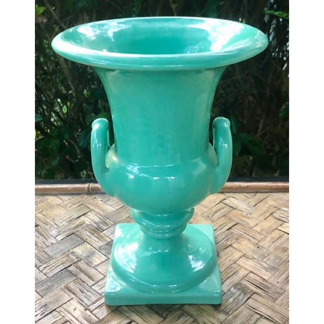 Italian Ceramic Pedestal Urn With Handles in Green For Sale - Image 10 of 10
