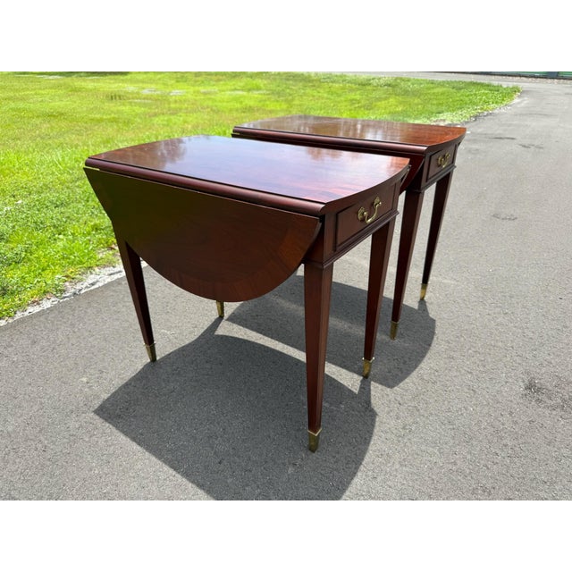 Hepplewhite Vintage Mahogany Drop-Leaf "Pembroke" Side Tables Manufactured by Lineage/Drexel Heritage For Sale - Image 10 of 12