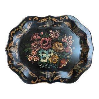 Large Vintage Tole Tray With Autumn Flowers For Sale