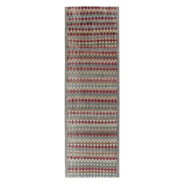 Blue 1960s Vintage Distressed Deco Rug in Blue, Multicolor Geometric Pattern For Sale - Image 8 of 8