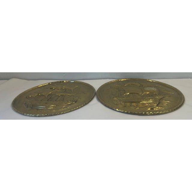 Mid 20th Century Vintage Brass Ship Wall Hanging Plates - A Pair For Sale - Image 5 of 6