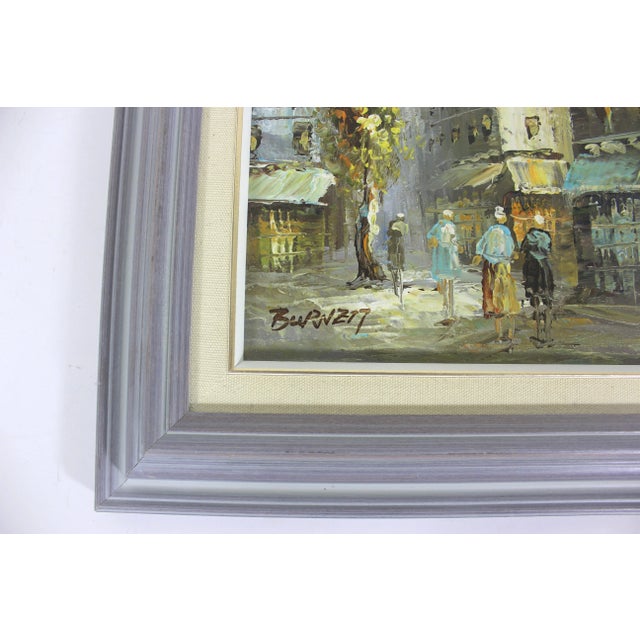 Textile 1950’s Signed Caroline Burnett Paris France Oil Painting, Framed, Small Original Art Vintage European City Scene For Sale - Image 7 of 9