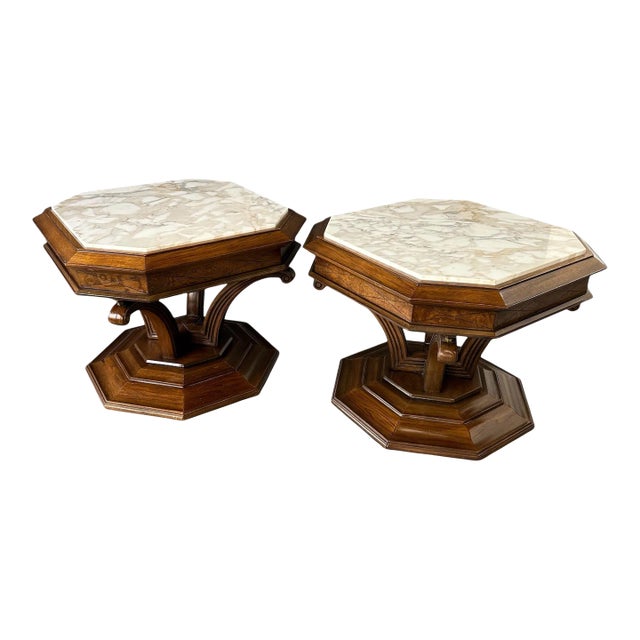 1960s Pair of Hollywood Regency Octagonal Calacatta Marble Side Tables W/Brass Accents For Sale