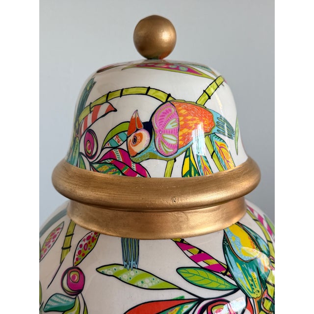 Hot Pink Palm Beach Style Decorative Ceramic Ginger Jar- Tropical Theme Hot Pink, Green With Gilt Accents For Sale - Image 8 of 12