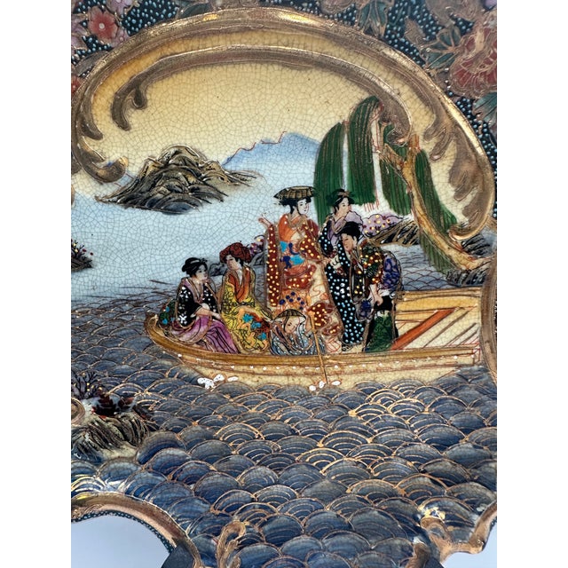 Vintage Satsuma Hand Painted Earthenware Platter With Scalloped Edges For Sale - Image 10 of 12