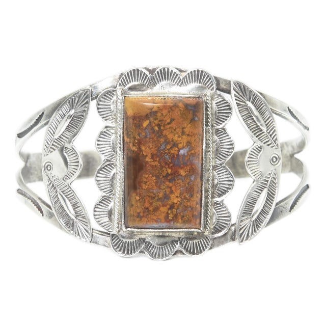 Mid 20th Century Southwestern Navajo Native American Style Moss Agate Silver Cuff Bracelet For Sale