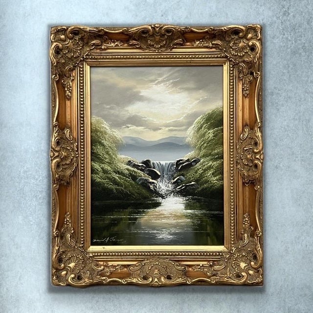 Green Whispers of the Falls - River Lake Waterfall with Lush Trees by British Artist 1976 For Sale - Image 8 of 14